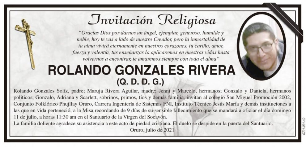 Invitación Religiosa para Rolando Gonzales Rivera