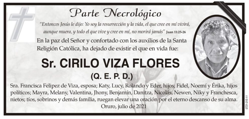 Parte Necrológico de Cirilo Viza Flores