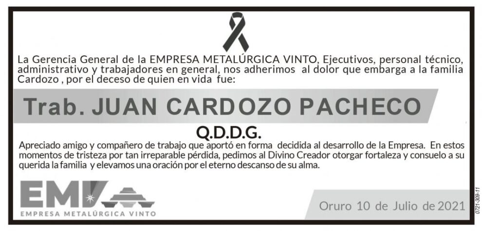 Obituario de Juan Cardozo Pacheco