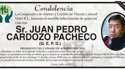 Condolencia por el fallecimiento de Juan Pedro Cardozo Pacheco