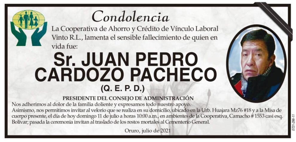 Condolencia por el fallecimiento de Juan Pedro Cardozo Pacheco