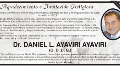 Agradecimiento e Invitación Religiosa: Dr. Daniel L. Ayaviri Ayaviri