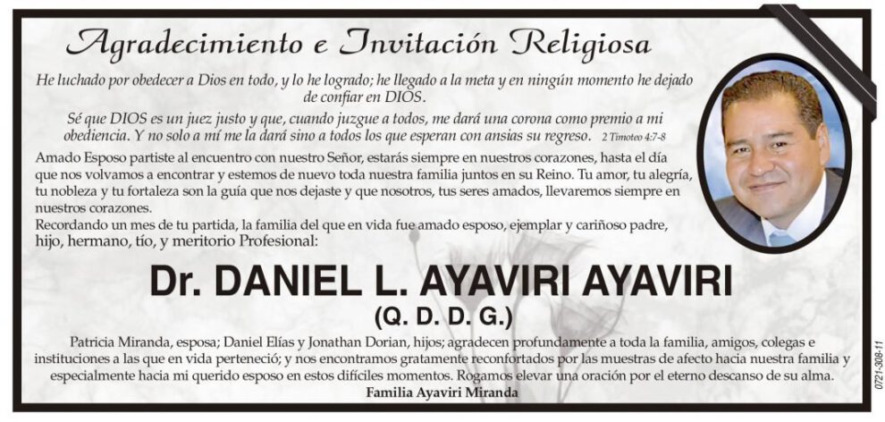 Agradecimiento e Invitación Religiosa: Dr. Daniel L. Ayaviri Ayaviri