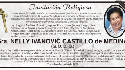 Invitación Religiosa en memoria de Nelly Ivanovic Castillo de Medina