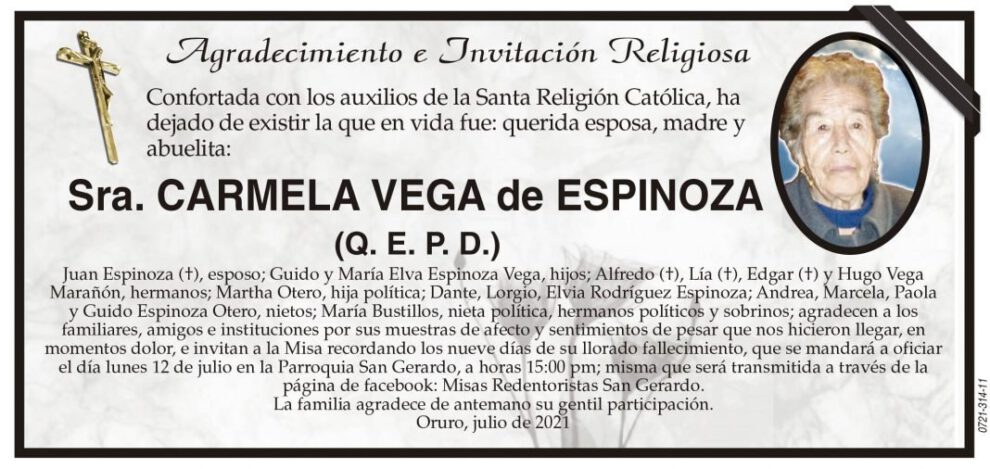 Agradecimiento e Invitación Religiosa por Carmela Vega de Espinoza