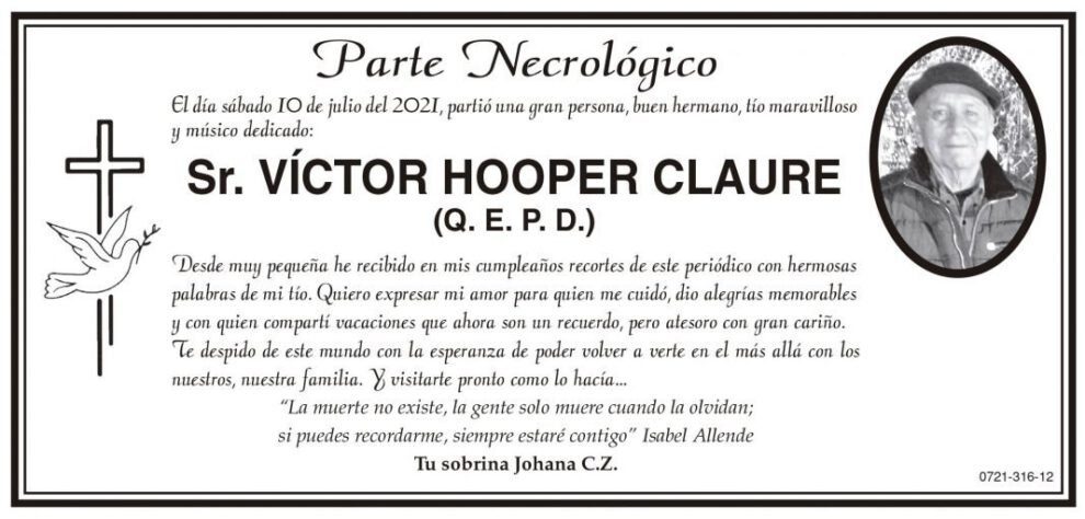 Parte Necrológico de Víctor Hooper Claure