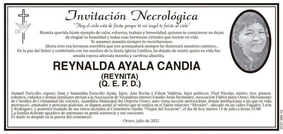 Invitación Necrológica de Reynalda Ayala Candia