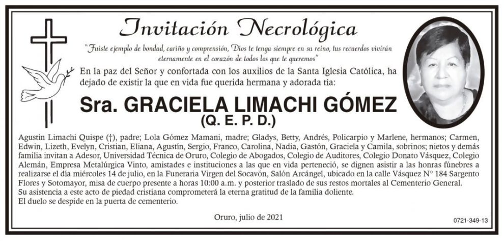 Invitación Necrológica de Graciela Limachi Gómez