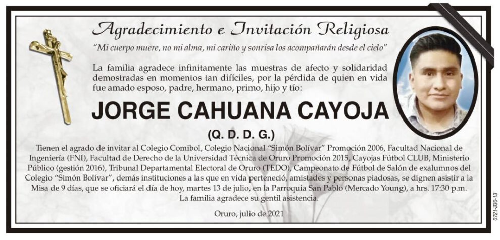 Agradecimiento e Invitación Religiosa por JORGE CAHUANA CAYOJA