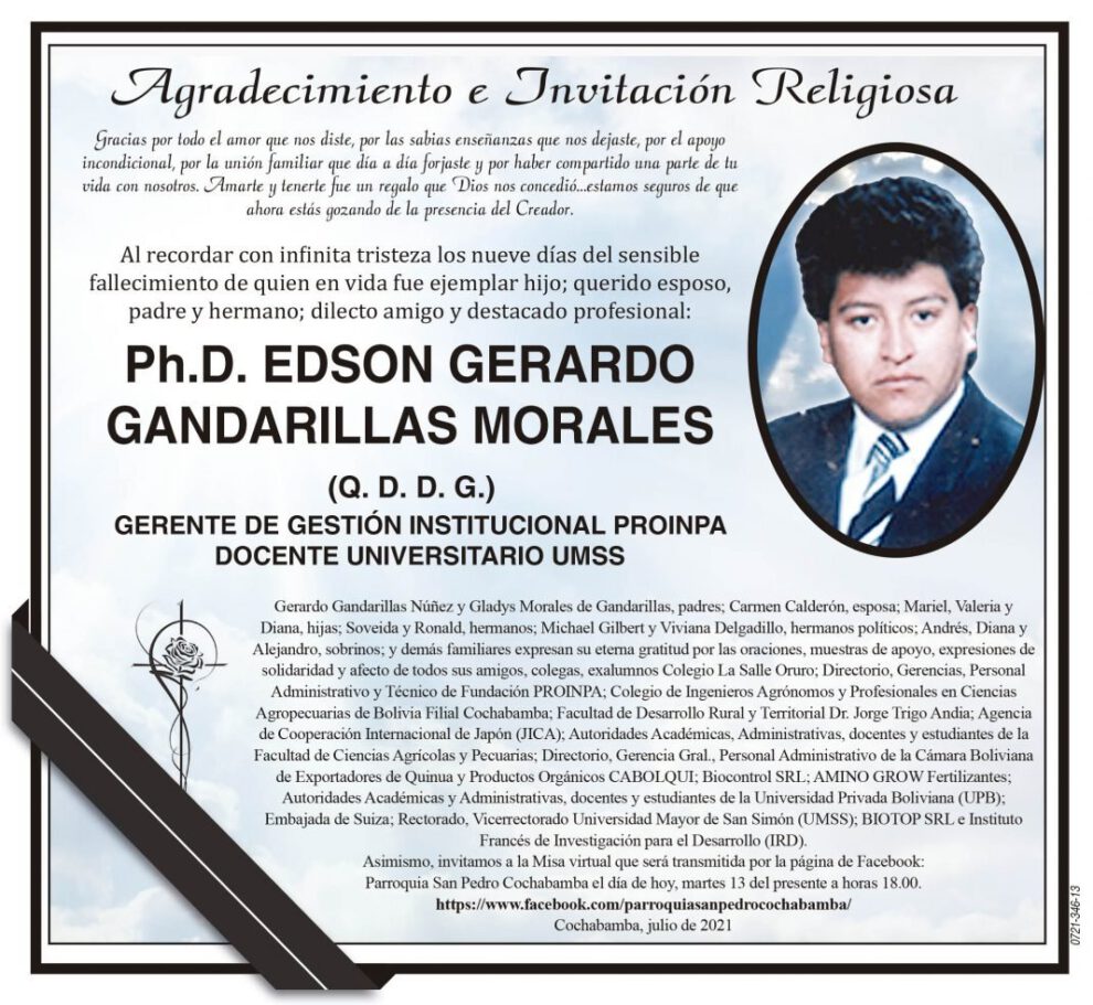 Agradecimiento por Ph.D. Edson Gerardo Gandarillas Morales