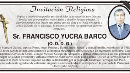 Invitación Religiosa en memoria de Francisco Yucra Barco