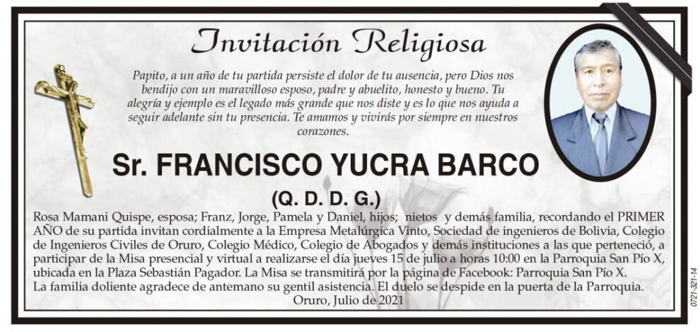 Invitación Religiosa en memoria de Francisco Yucra Barco