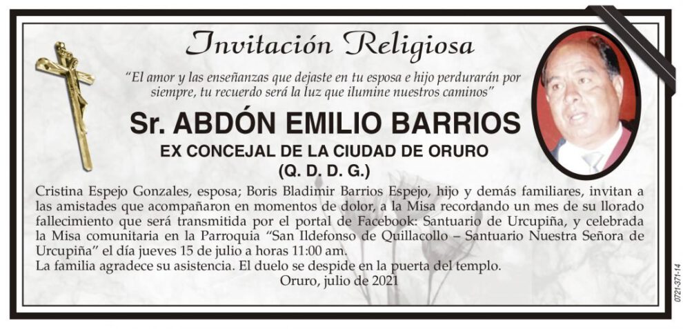 Invitación Religiosa para Abdón Emilio Barrios