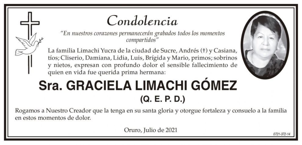 Condolencia por el fallecimiento de Graciela Limachi Gómez