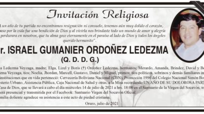 Invitación Religiosa en memoria de Israel Gumanier Ordoñez Ledezma