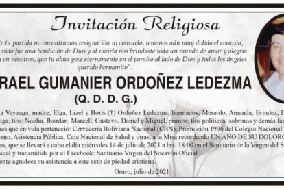 Invitación Religiosa en memoria de Israel Gumanier Ordoñez Ledezma