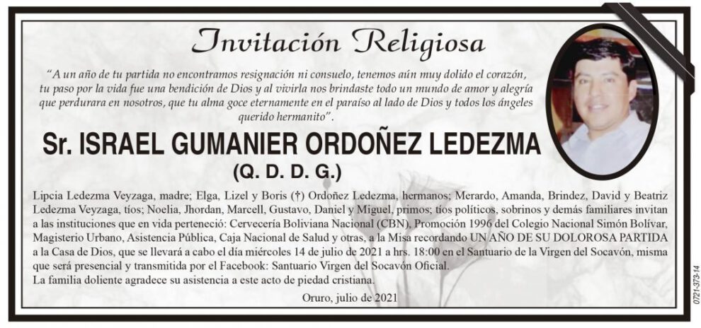 Invitación Religiosa en memoria de Israel Gumanier Ordoñez Ledezma
