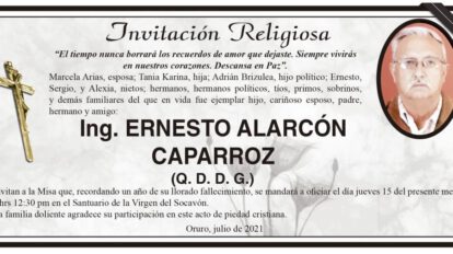 Ing. Ernesto Alarcón Caparroz, invitación a misa en su memoria