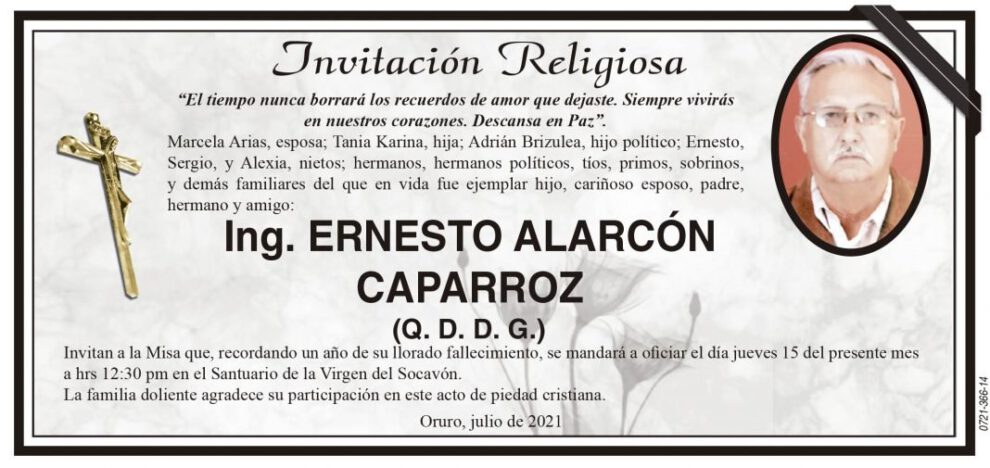 Ing. Ernesto Alarcón Caparroz, invitación a misa en su memoria