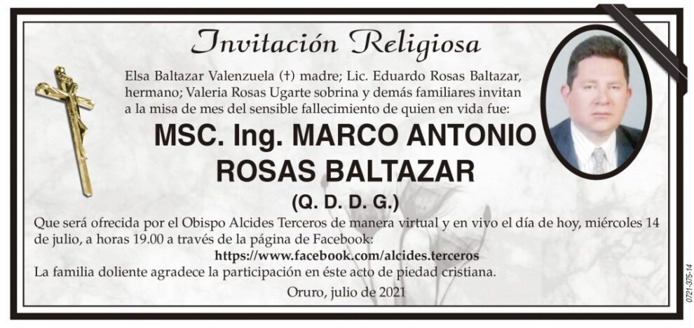Invitación Religiosa: MSC. Ing. Marco Antonio Rosas Baltazar