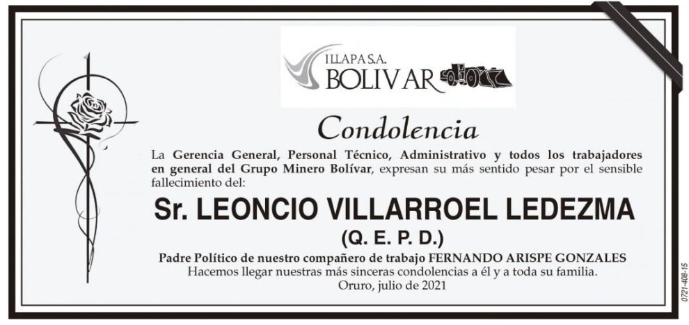 Condolencia por el fallecimiento de Leoncío Villarroel Ledezma