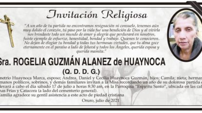 Invitación Religiosa en memoria de Rogelia Guzmán Alanez