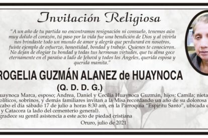 Invitación Religiosa en memoria de Rogelia Guzmán Alanez