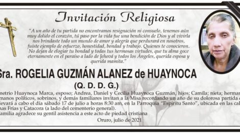 Invitación Religiosa en memoria de Rogelia Guzmán Alanez