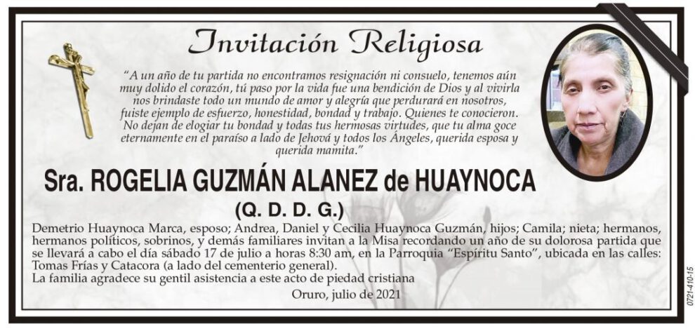 Invitación Religiosa en memoria de Rogelia Guzmán Alanez