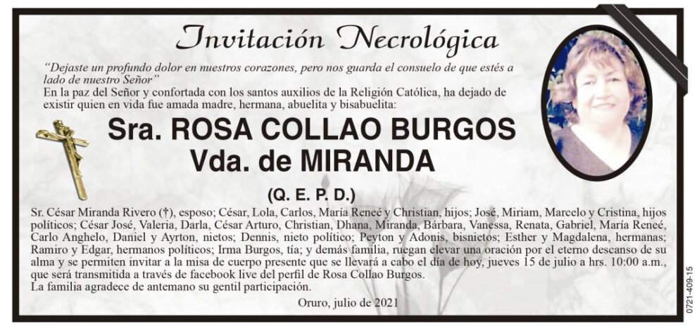 Invitación Necrológica de Rosa Collao Burgos