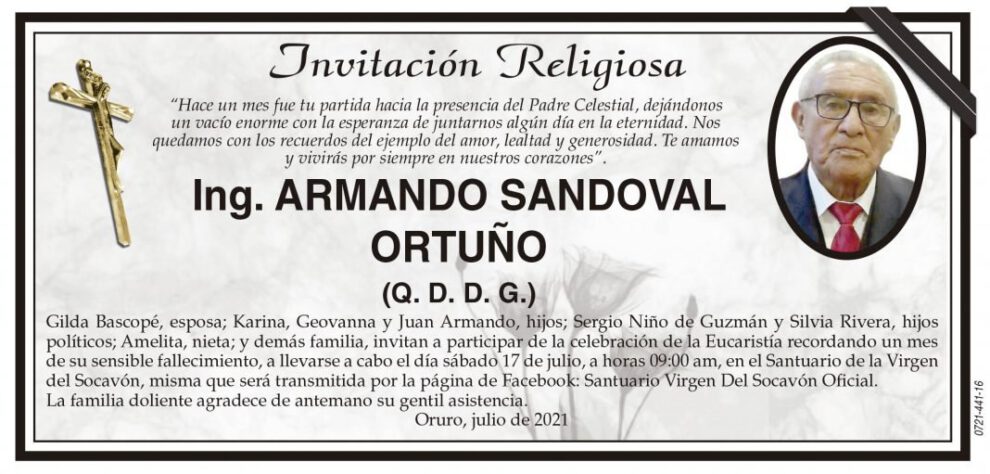 Ing. Armando Sandoval Ortuño, invitación religiosa en su memoria