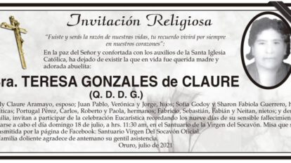 Invitación Religiosa para Teresa Gonzales de Claure