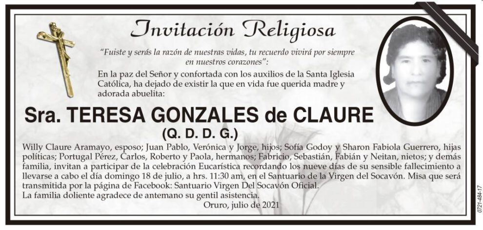 Invitación Religiosa para Teresa Gonzales de Claure