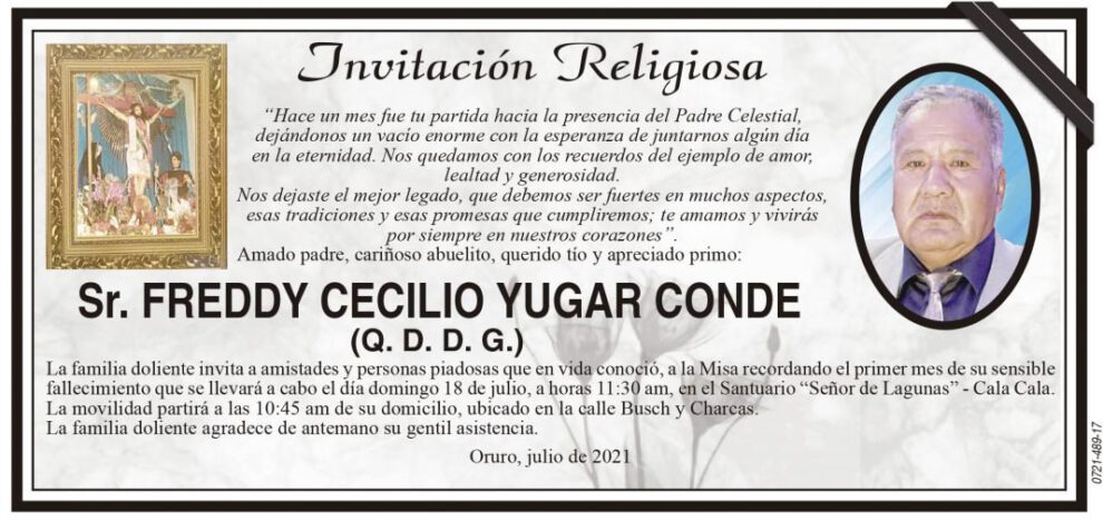 Invitación Religiosa para Freddy Cecilio Yugar Conde