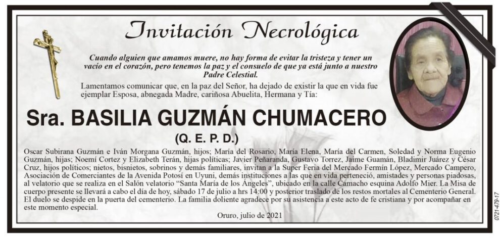 Invitación Necrológica de Basilia Guzmán Chumacero