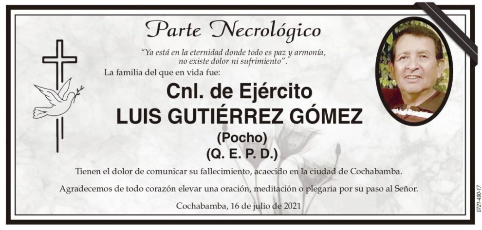 Parte Necrológico de Cnl. de Ejército LUIS GUTIÉRREZ GÓMEZ