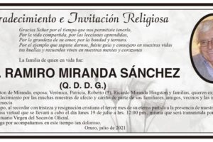 Agradecimiento por Ramiro Miranda Sánchez y su invitación a misa virtual