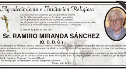 Agradecimiento por Ramiro Miranda Sánchez y su invitación a misa virtual
