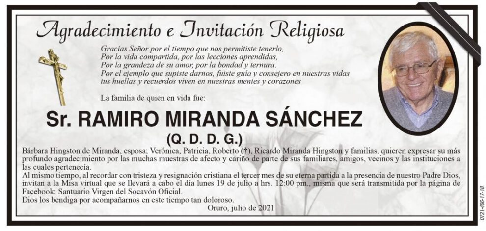 Agradecimiento por Ramiro Miranda Sánchez y su invitación a misa virtual