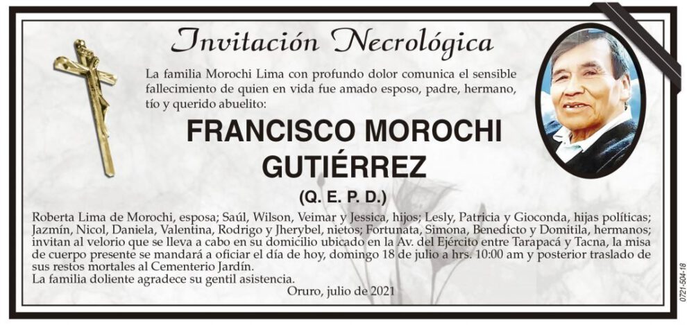 Invitación Necrológica de Francisco Morochi Gutiérrez