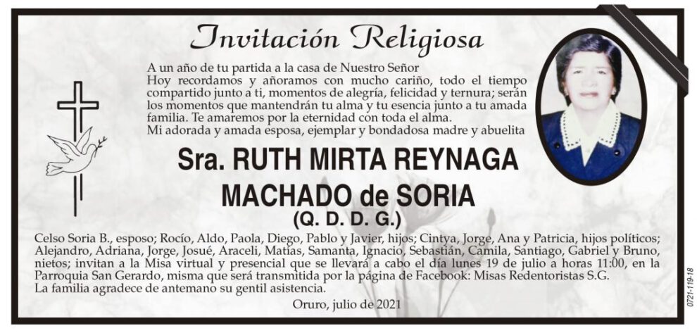 Obituario de Ruth Mirta Reynaga Machado