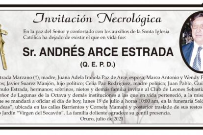 Invitación Necrológica: Sr. Andrés Arce Estrada (Q. E. P. D.)