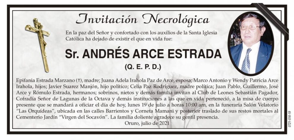 Invitación Necrológica: Sr. Andrés Arce Estrada (Q. E. P. D.)