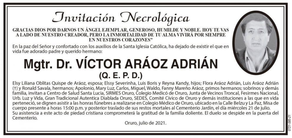 Invitación Necrológica de Mgtr. Dr. Víctor Aráoz Adrián