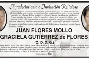 Agradecimiento e Invitación Religiosa: Juan Flores Mollo Graciela Gutiérrez de Flores