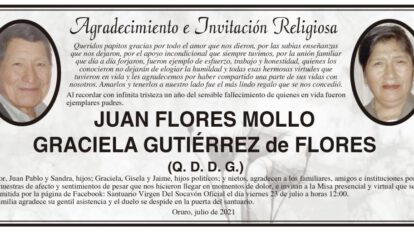 Agradecimiento e Invitación Religiosa: Juan Flores Mollo Graciela Gutiérrez de Flores