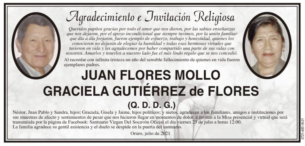 Agradecimiento e Invitación Religiosa: Juan Flores Mollo Graciela Gutiérrez de Flores