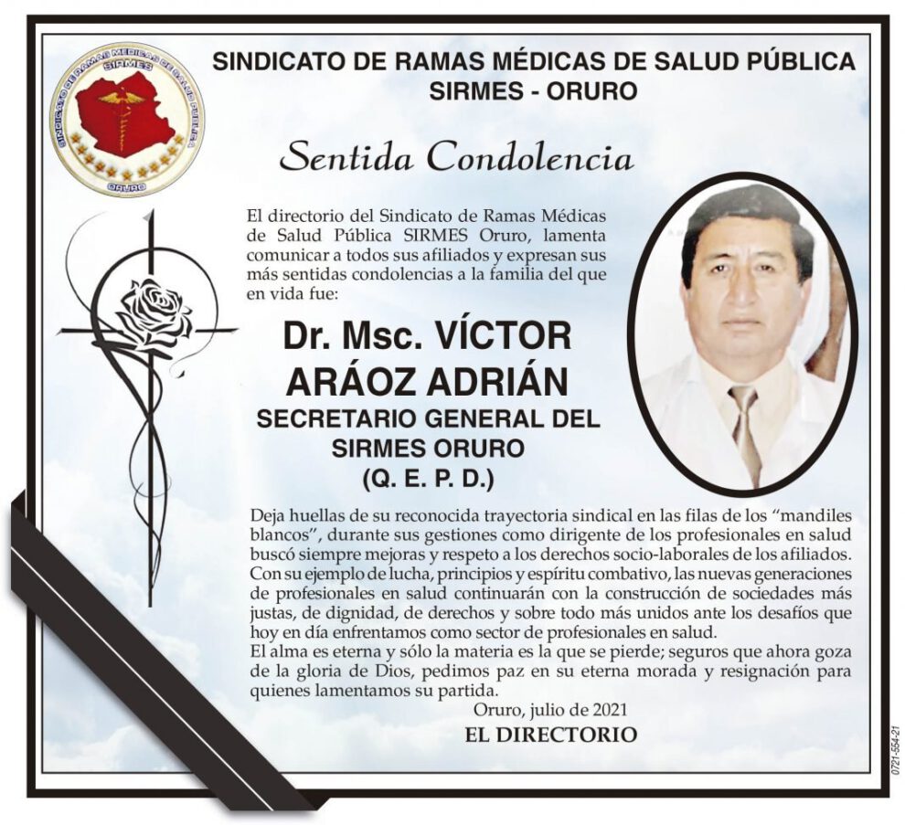 Condolencias por la partida del Dr. Msc. Víctor Aráoz Adrián