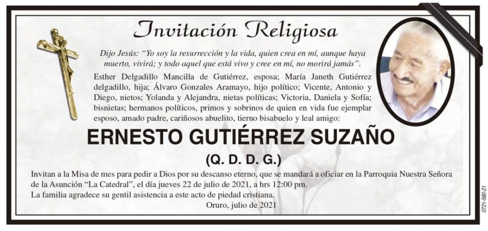Invitación Religiosa para Ernesto Gutiérrez Suzaño
