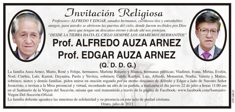 Prof. Alfredo Auza Arnez y Prof. Edgar Auza Arnez en invitación religiosa